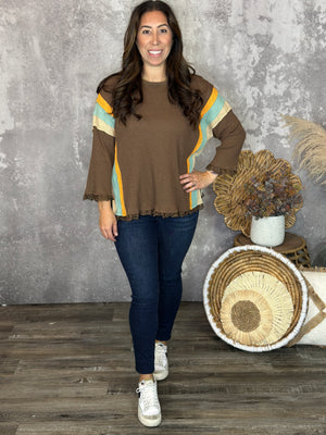 Ribbed Brown Top with Colorblock and Lace Detail