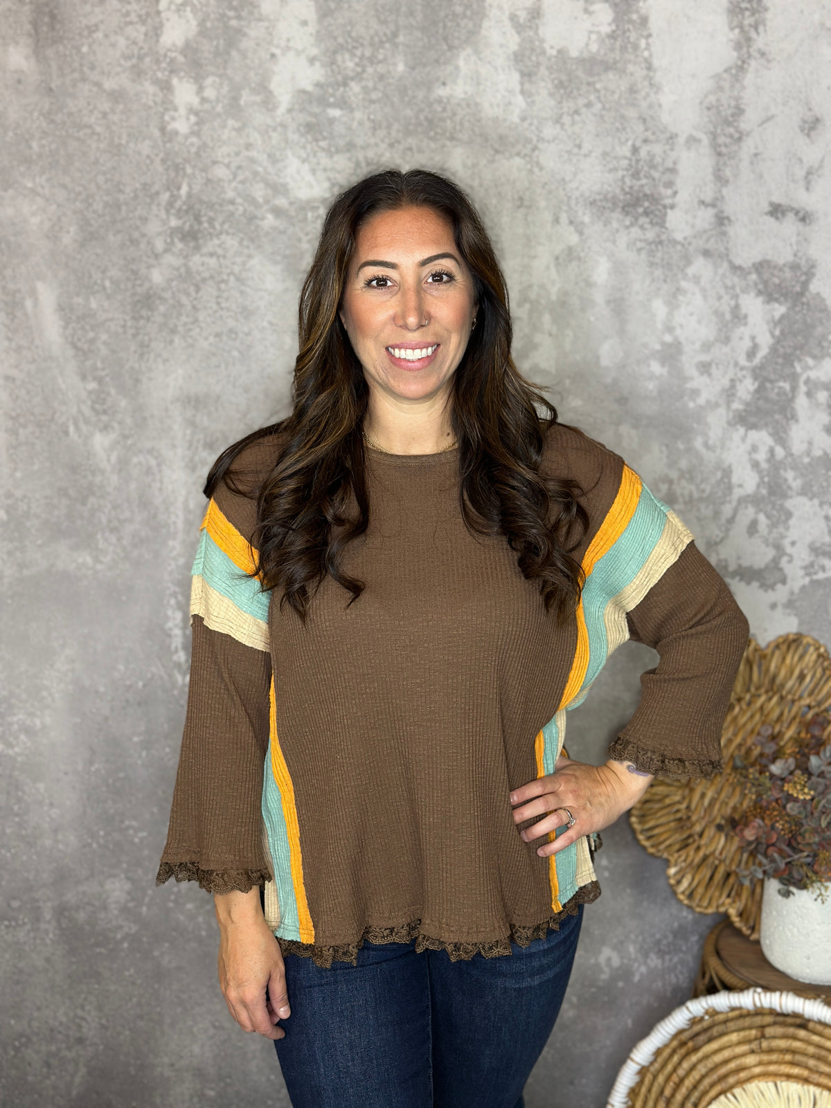 Ribbed Brown Top with Colorblock and Lace Detail
