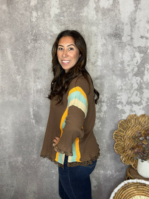 Ribbed Brown Top with Colorblock and Lace Detail