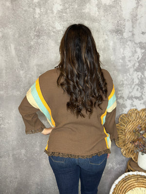 Ribbed Brown Top with Colorblock and Lace Detail