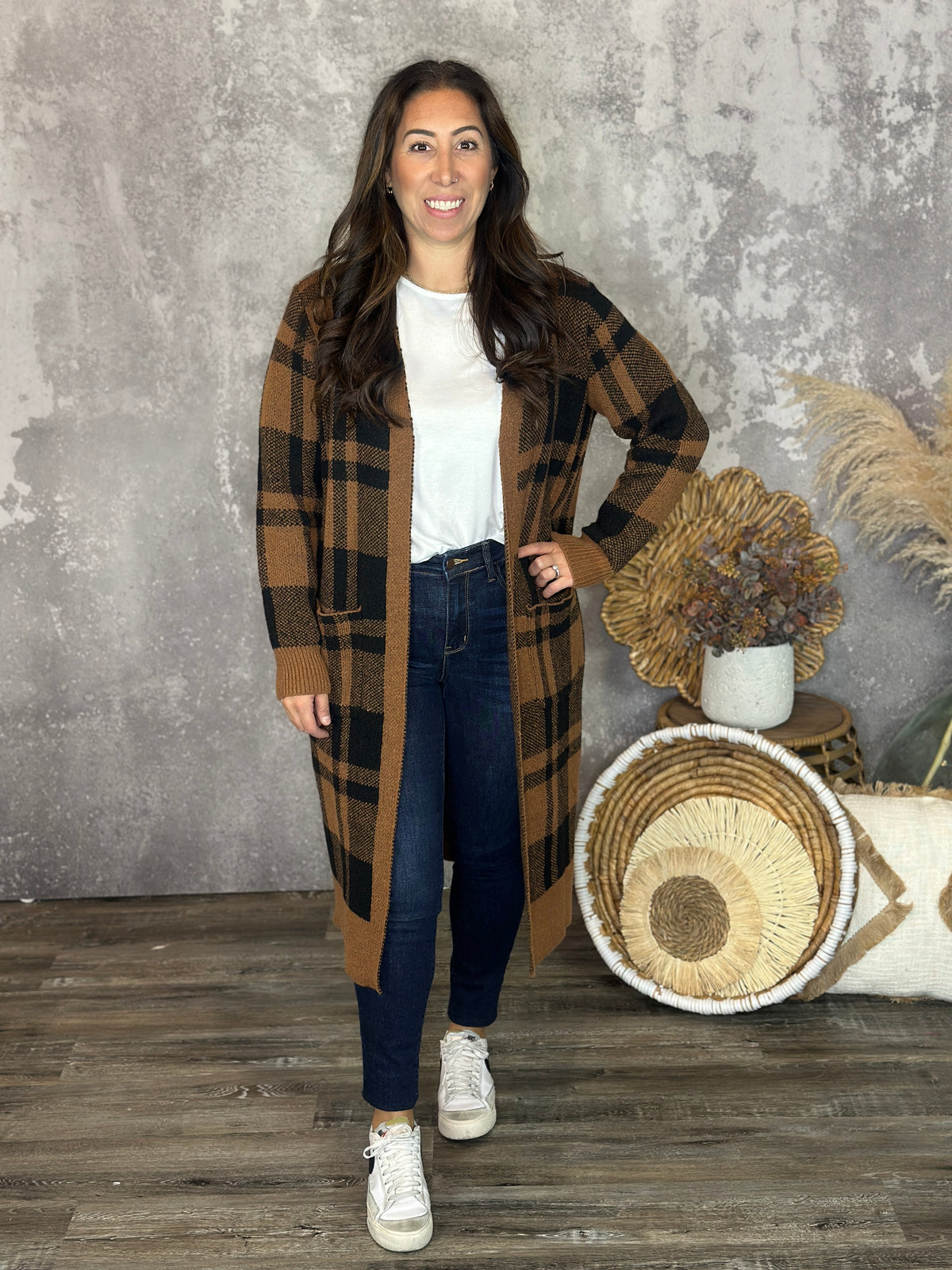 Camel Plaid Longline Cardigan