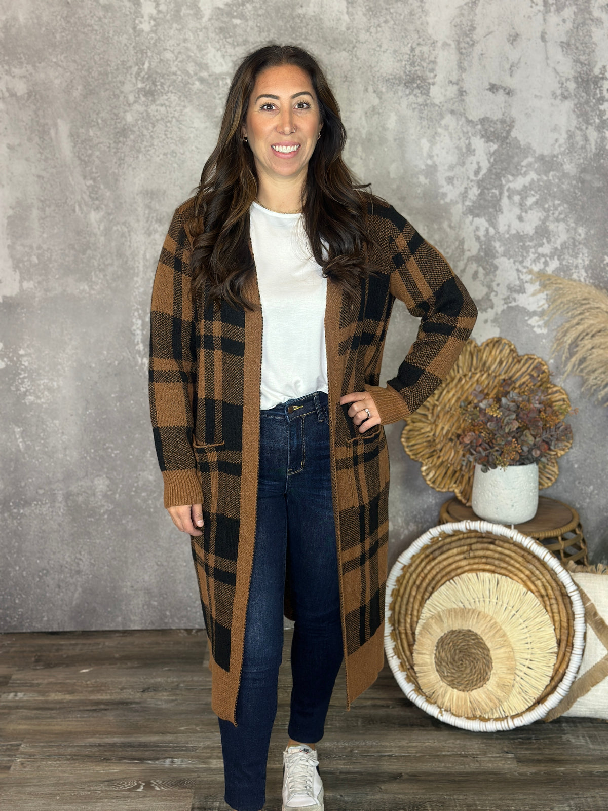 Camel Plaid Longline Cardigan