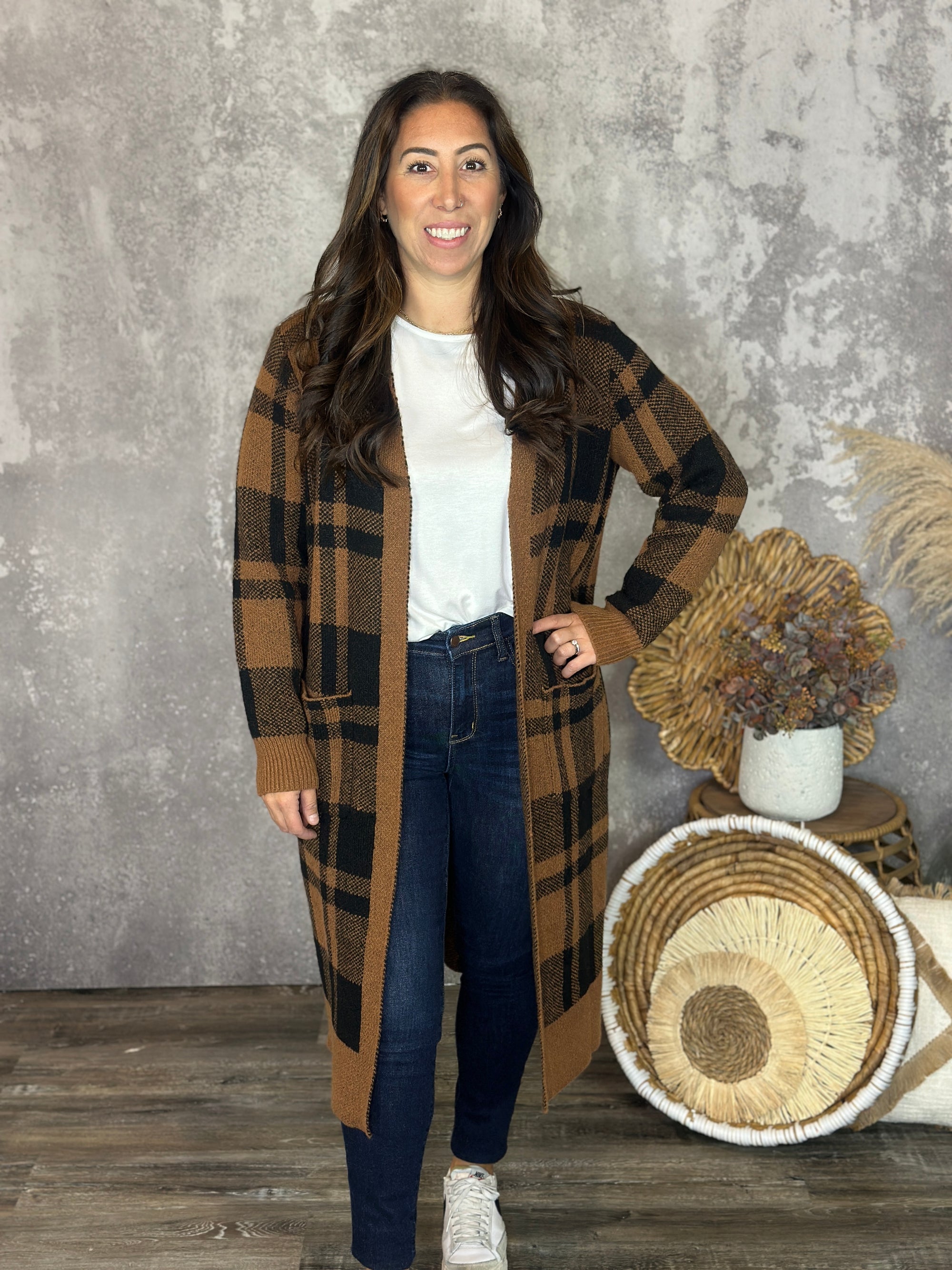 Camel Plaid Longline Cardigan