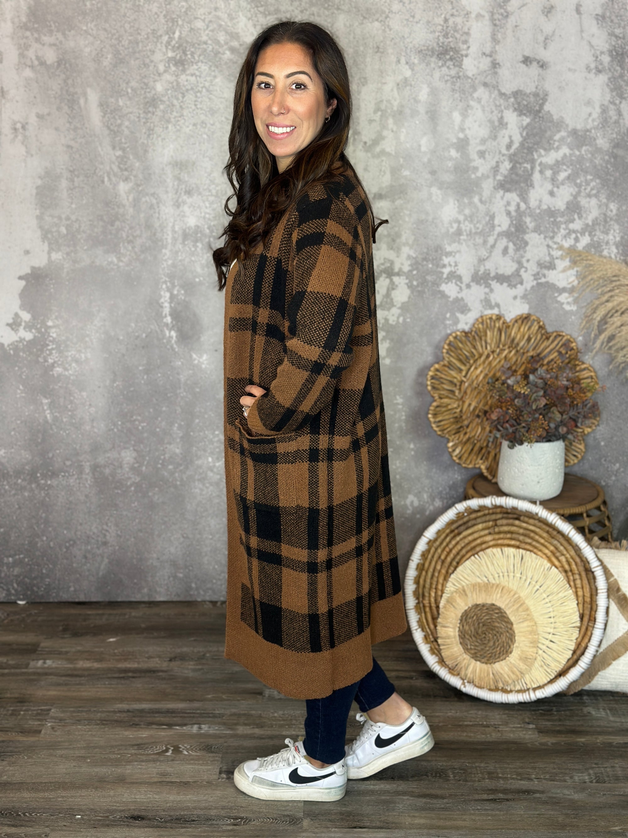 Camel Plaid Longline Cardigan