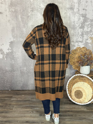 Camel Plaid Longline Cardigan
