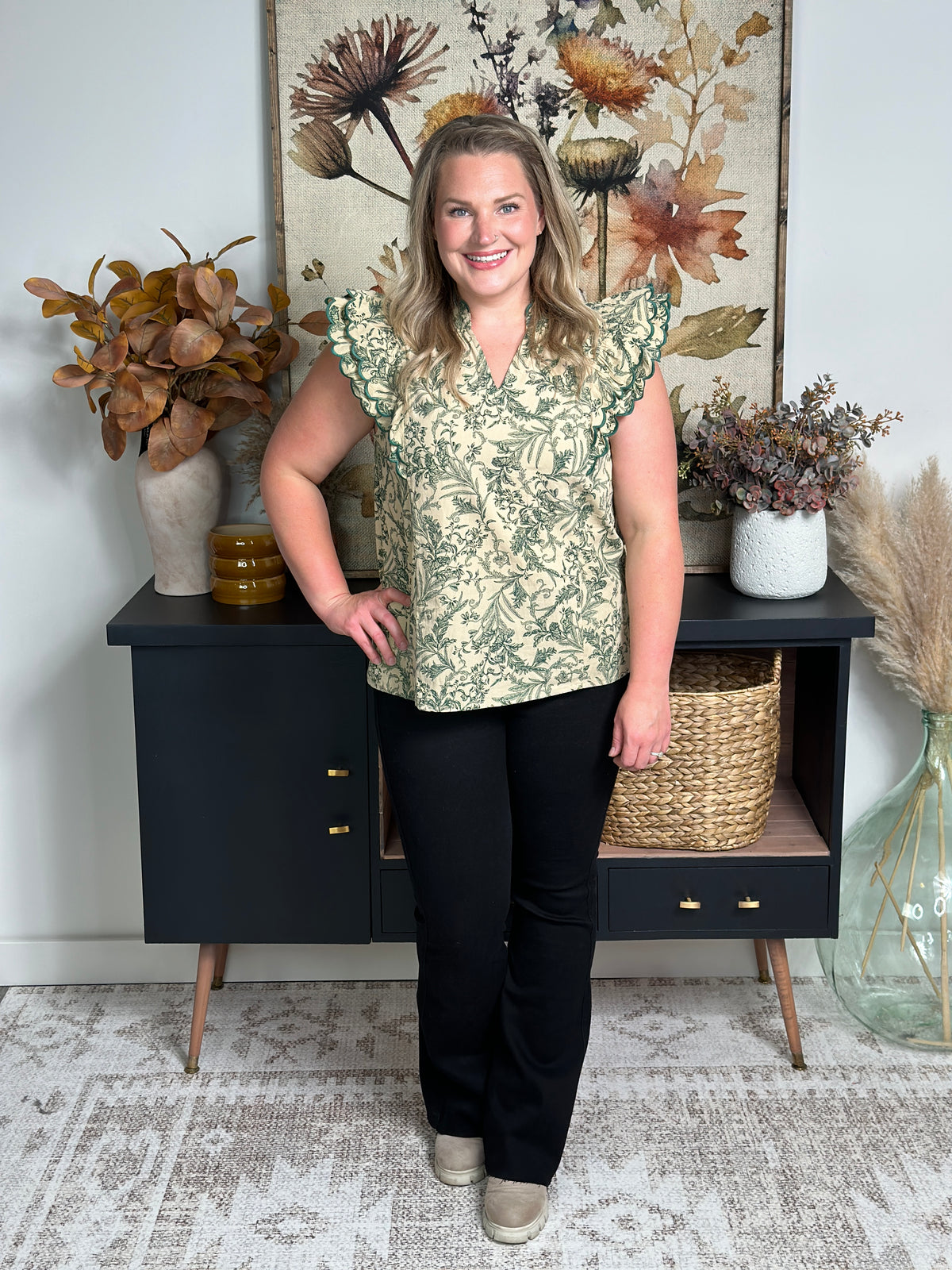 Antiqued Olive Floral Ruffle Sleeve Top - FINAL SALE