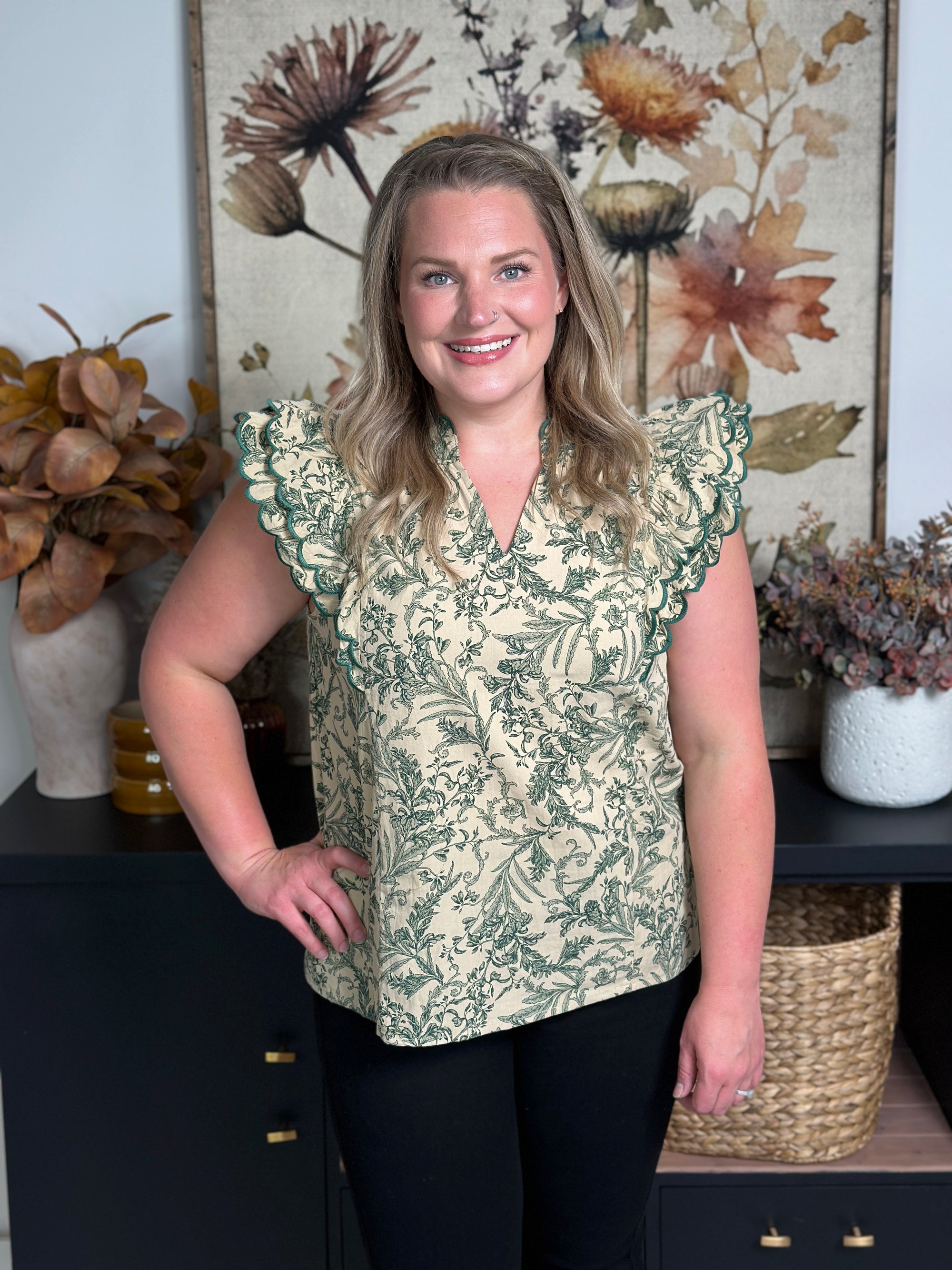 Antiqued Olive Floral Ruffle Sleeve Top - FINAL SALE