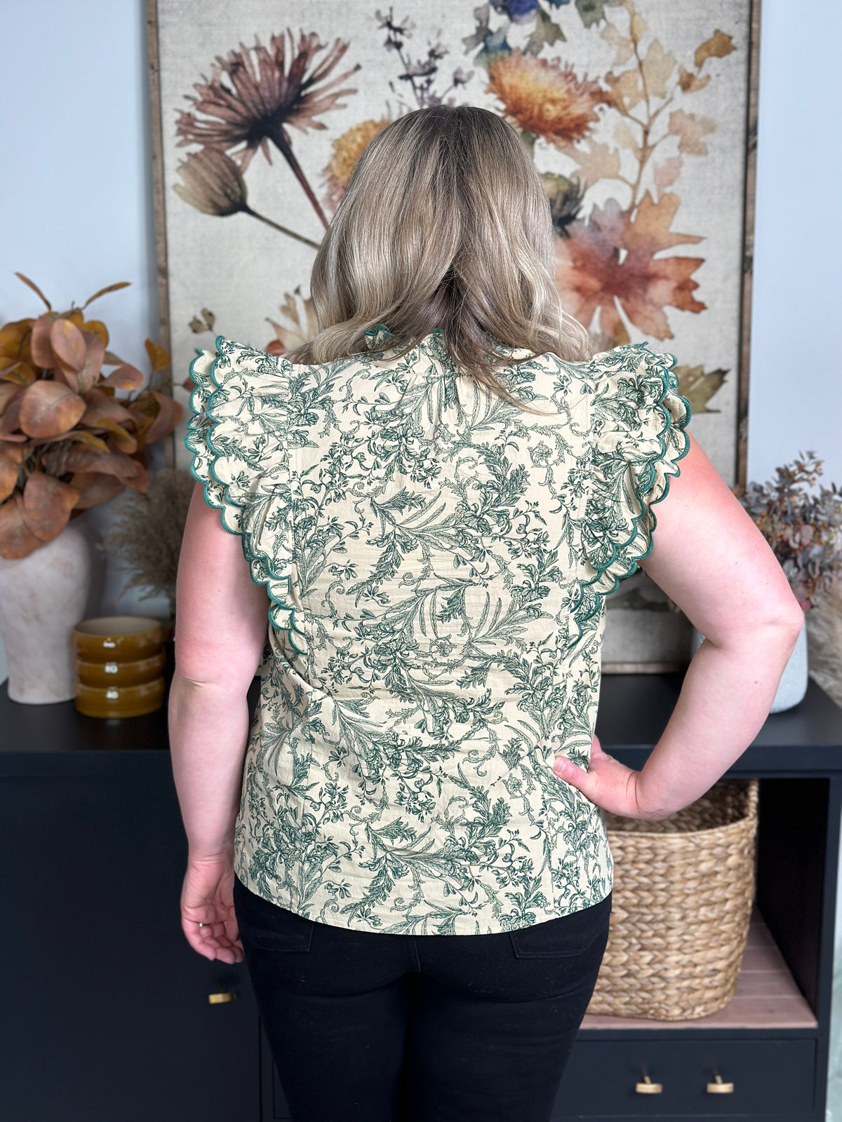 Antiqued Olive Floral Ruffle Sleeve Top - FINAL SALE