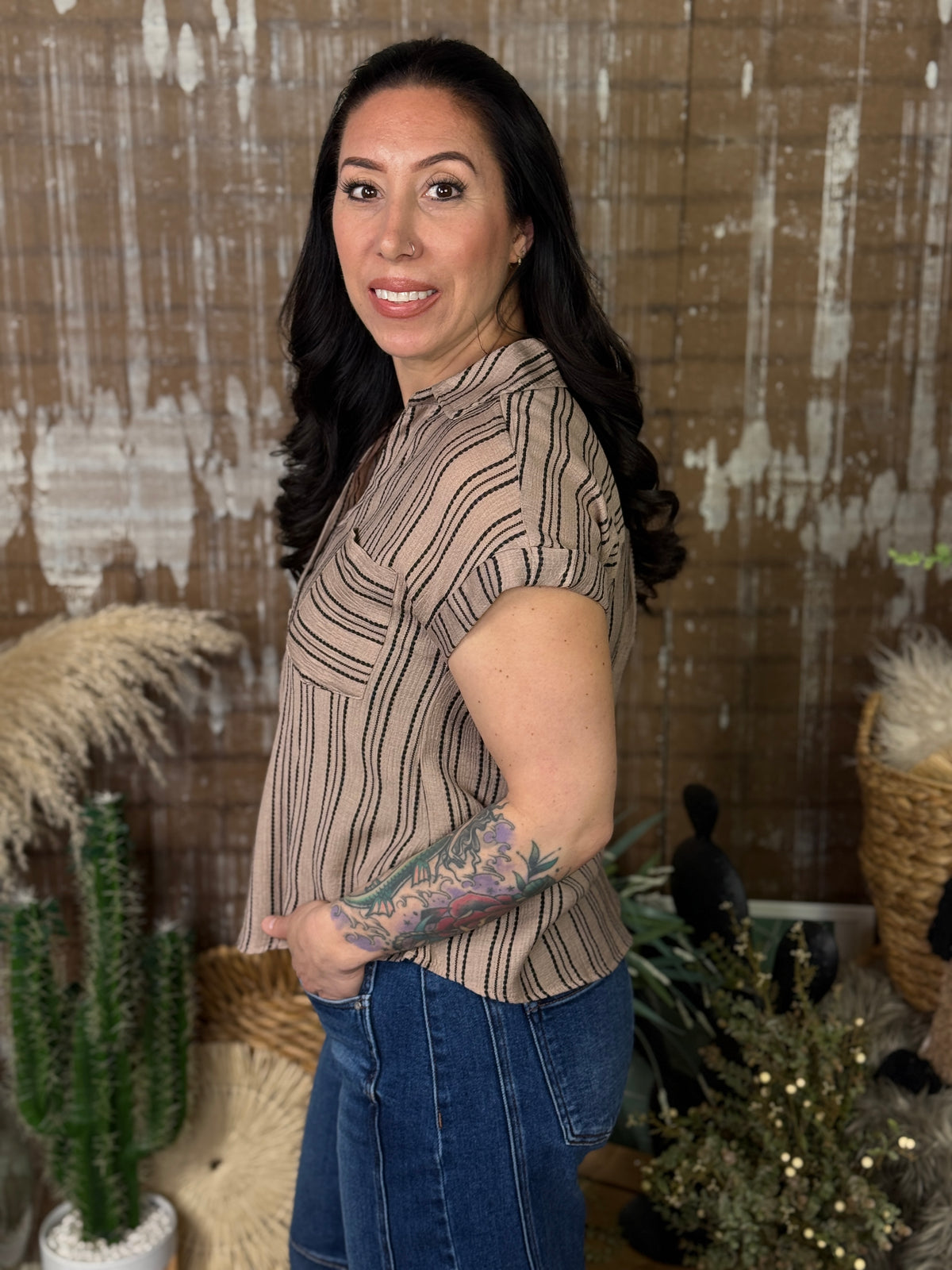 Mocha Stripe Short Sleeve Top (Small - 3X)