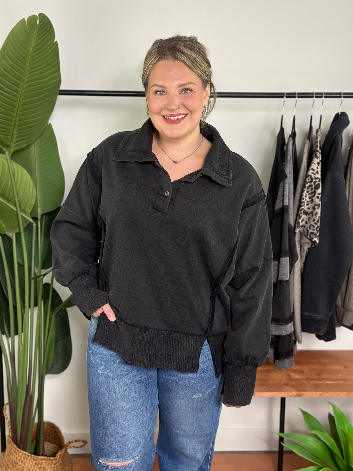 Black Mineral Wash Collared Sweatshirt  (Small - 3X)