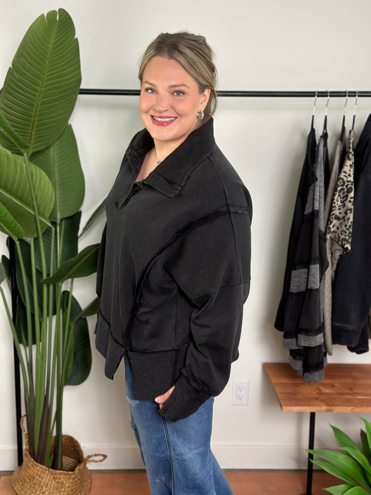 Black Mineral Wash Collared Sweatshirt  (Small - 3X)