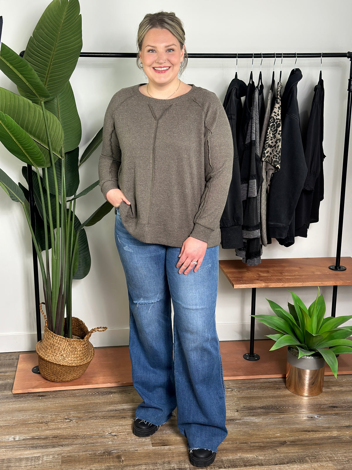 Ribbed Long Sleeve with Reverse Hem - Mocha  (Small - 3X)