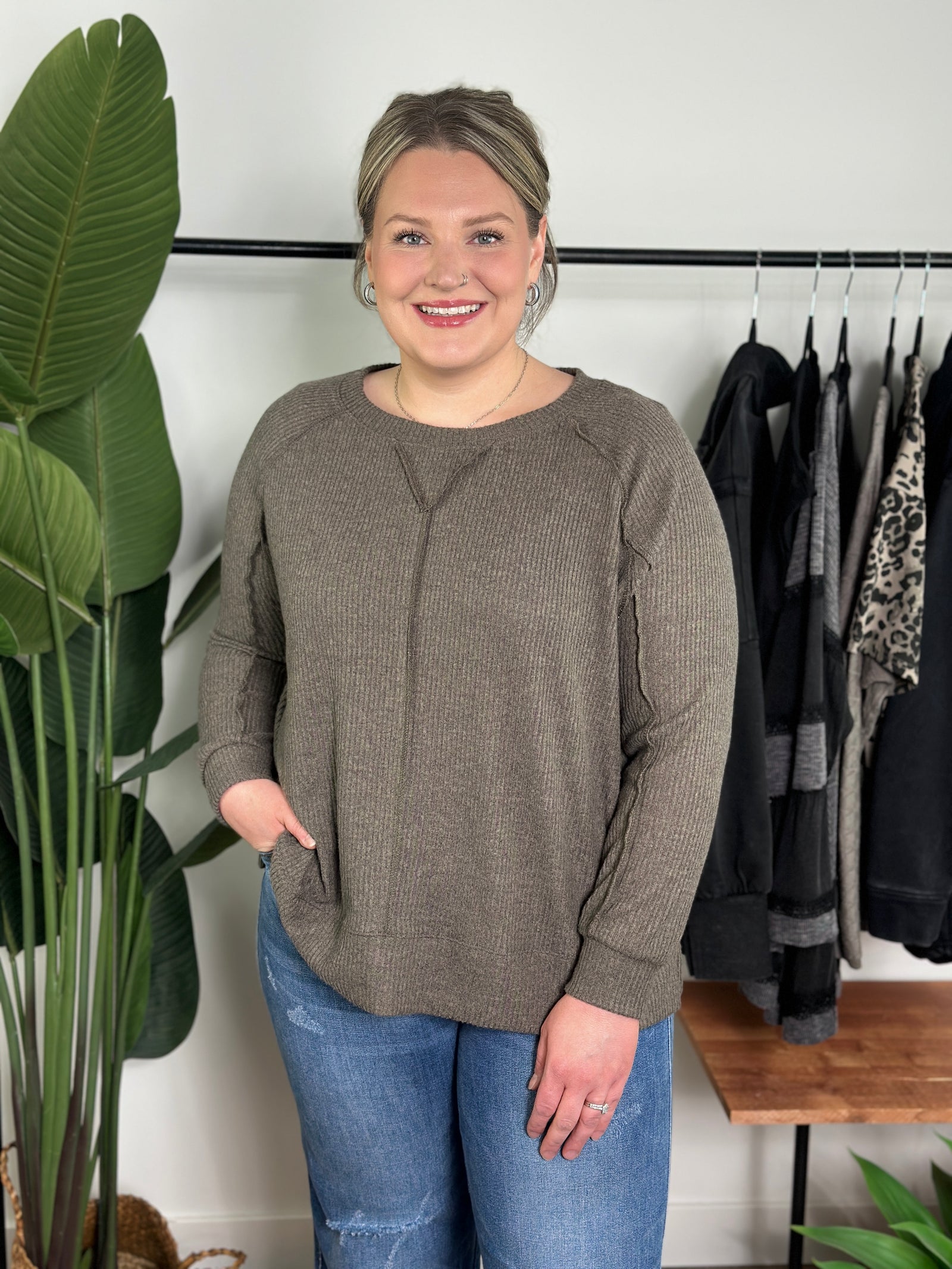 Ribbed Long Sleeve with Reverse Hem - Mocha  (Small - 3X)