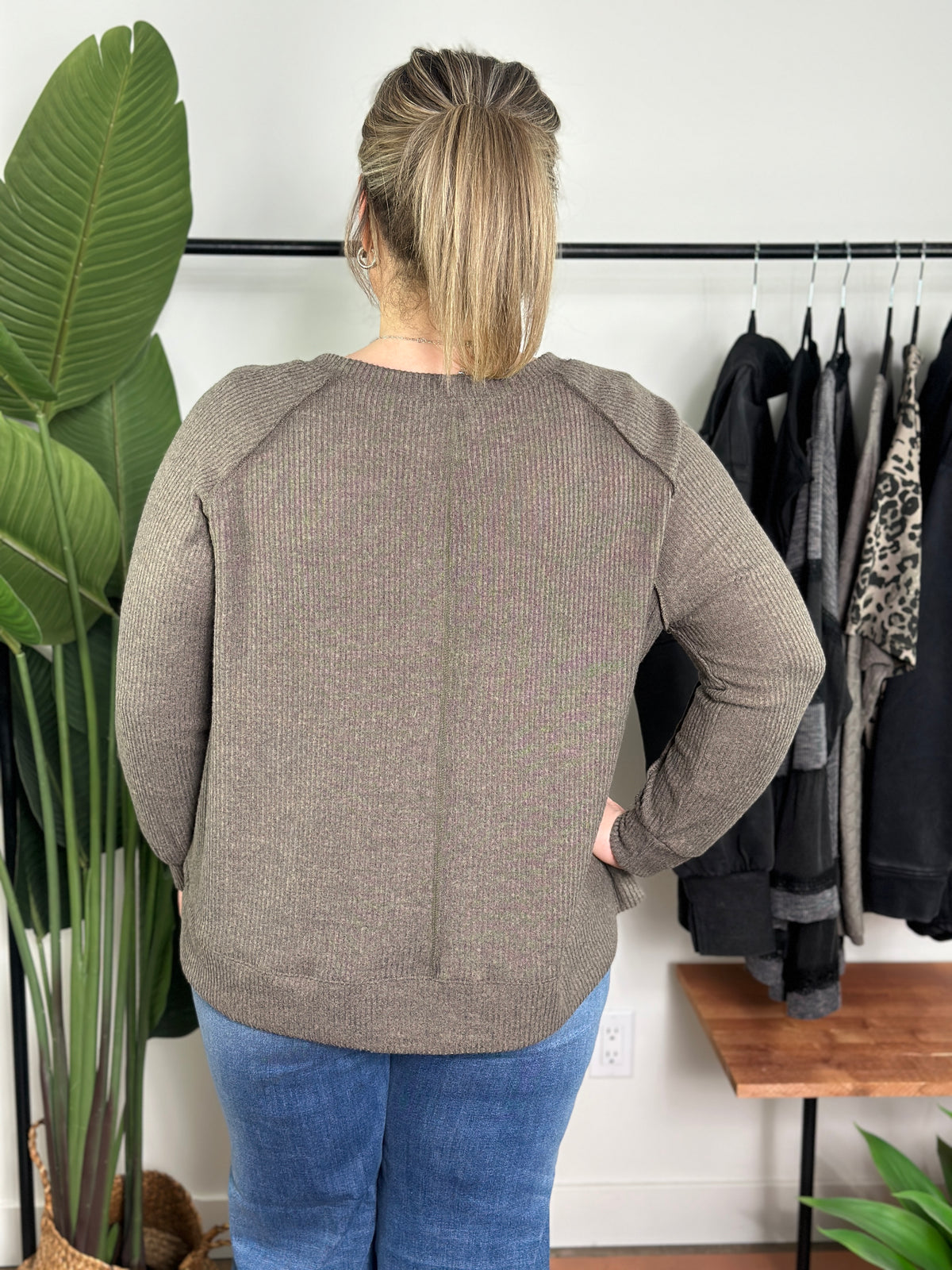 Ribbed Long Sleeve with Reverse Hem - Mocha  (Small - 3X)