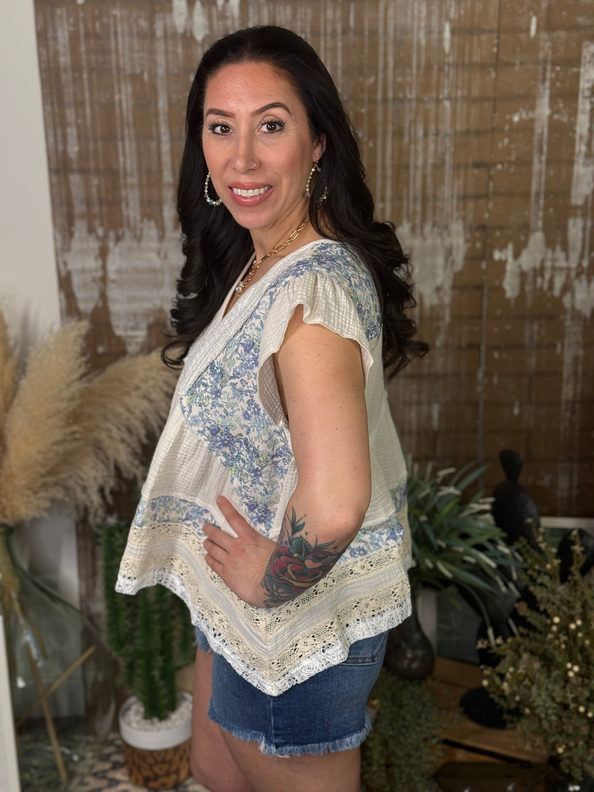 Gauze Blue Floral Top
