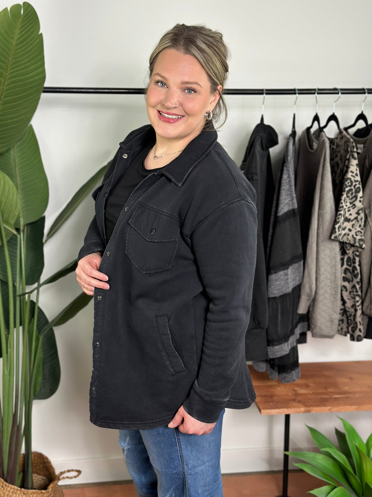 Black Mineral Washed Fleece Lined Shacket (Small - 3X)