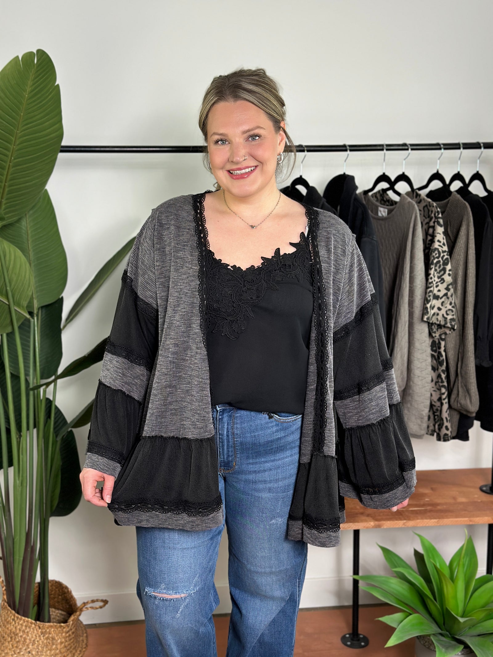 Charcoal/Black Bell Sleeve Cardigan
