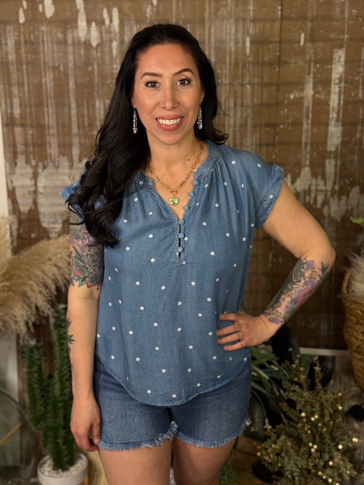 Chambray Polka Dot Top (Small - 3X)