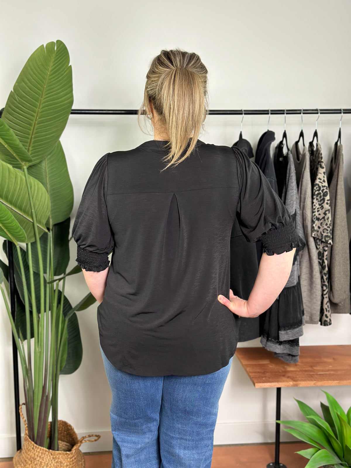 The Solid Wrinkle Free Ruched 3/4 Sleeve Lizzie Top - Black (Small - 3X)