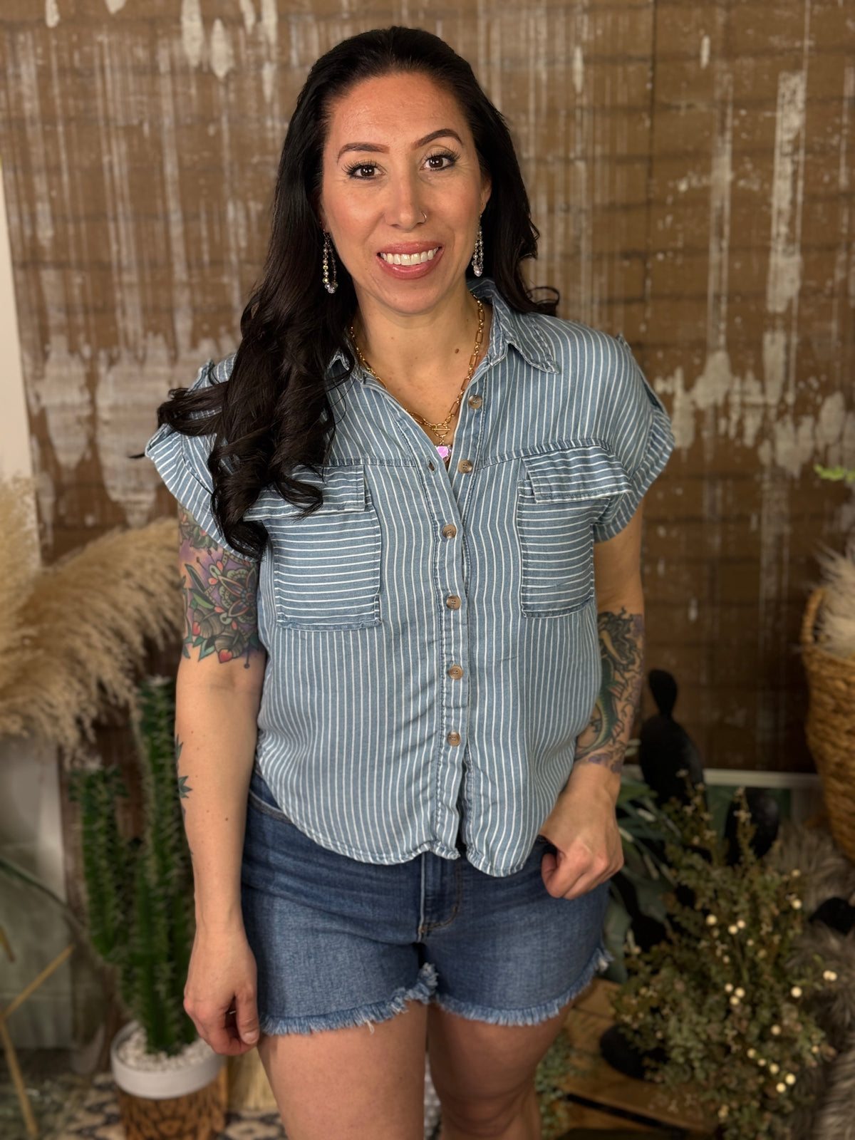 Washed Light Denim Stripe Top (Small - 3X)