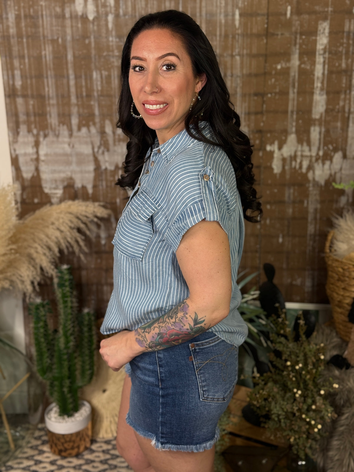 Washed Light Denim Stripe Top (Small - 3X)