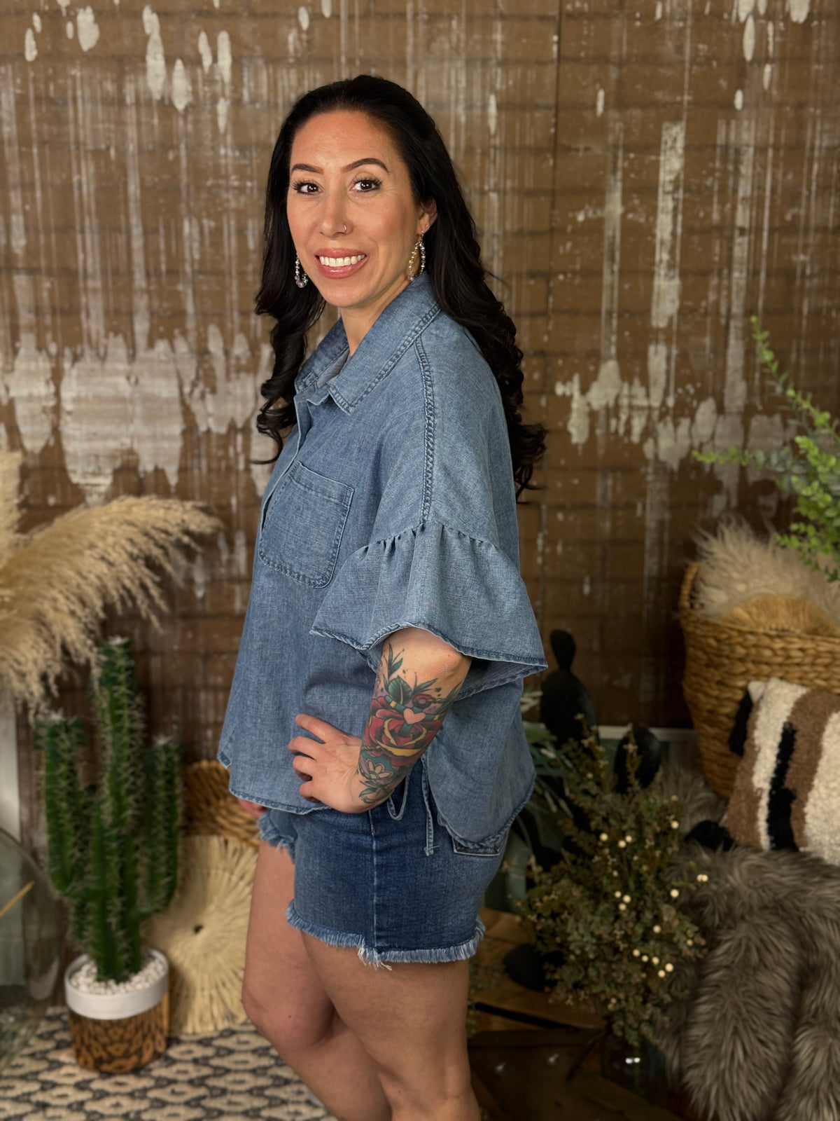 Washed Denim Top with Ruffle Sleeve