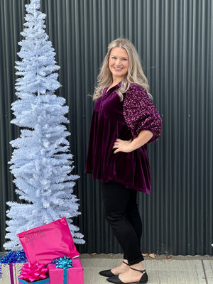 Velvet Babydoll Tunic Top with Sequin Sleeve - Purple  (Small - 2X)
