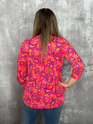The Wrinkle Free Lizzie Top - Neon Pink Paisley (Small - 3X) *NEW