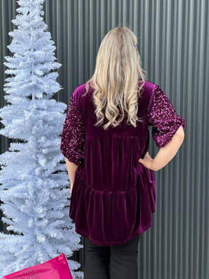 Velvet Babydoll Tunic Top with Sequin Sleeve - Purple  (Small - 2X)