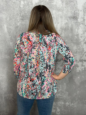 The Wrinkle Free Lizzie Top - Grey and Multi Floral Abstract (Small - 3X) *NEW