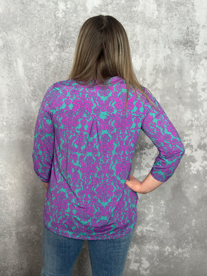 The Wrinkle Free Lizzie Top - Teal/Purple Damask (Small - 3X) *NEW
