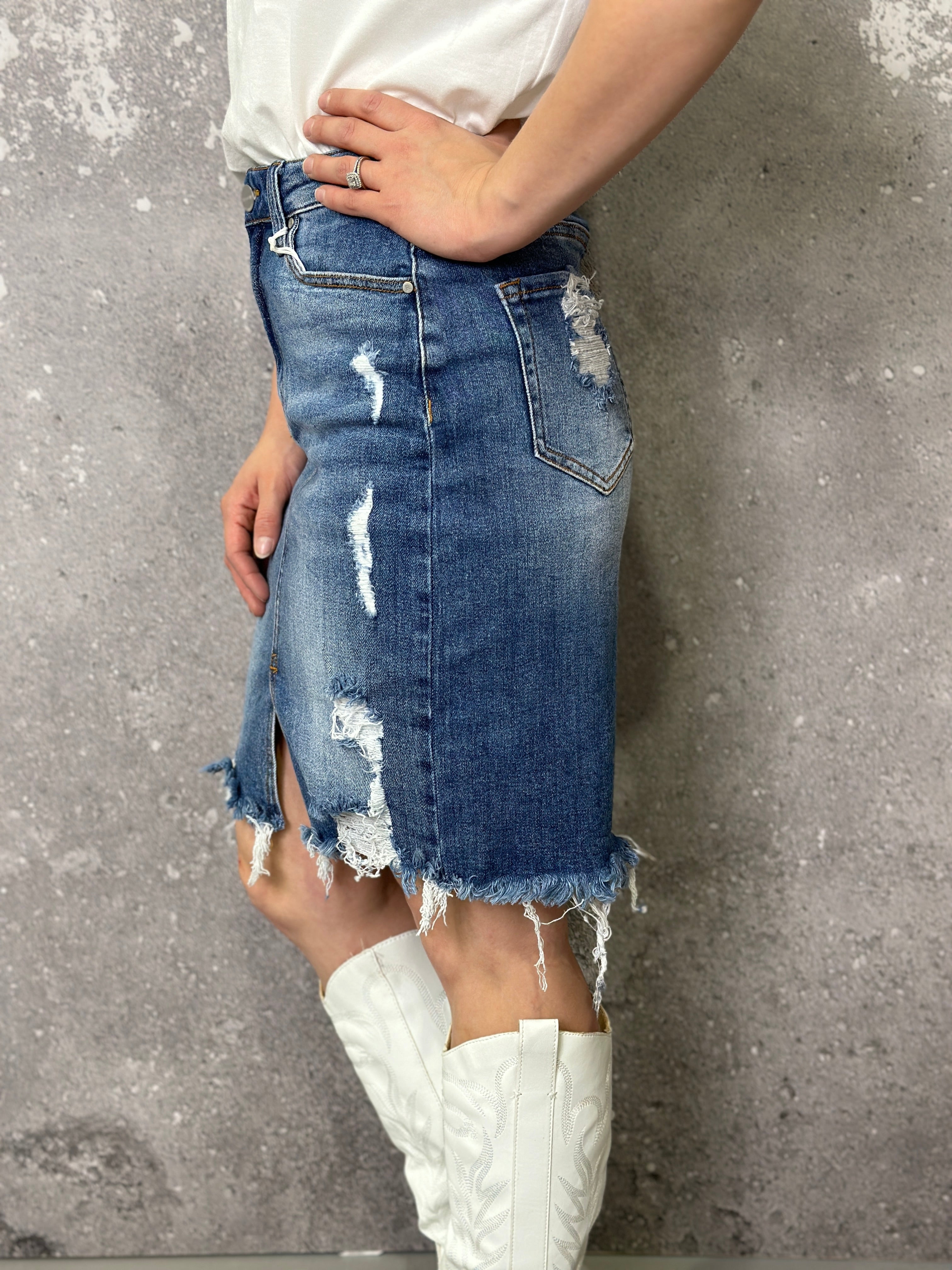Distressed Denim Mini Skirt | Shop Midi Skirts at Papaya Clothing