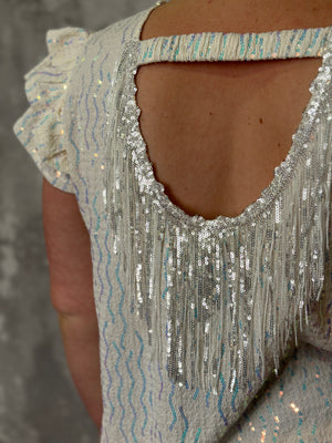 Pearl Iridescent Sequin Ruffle Dress