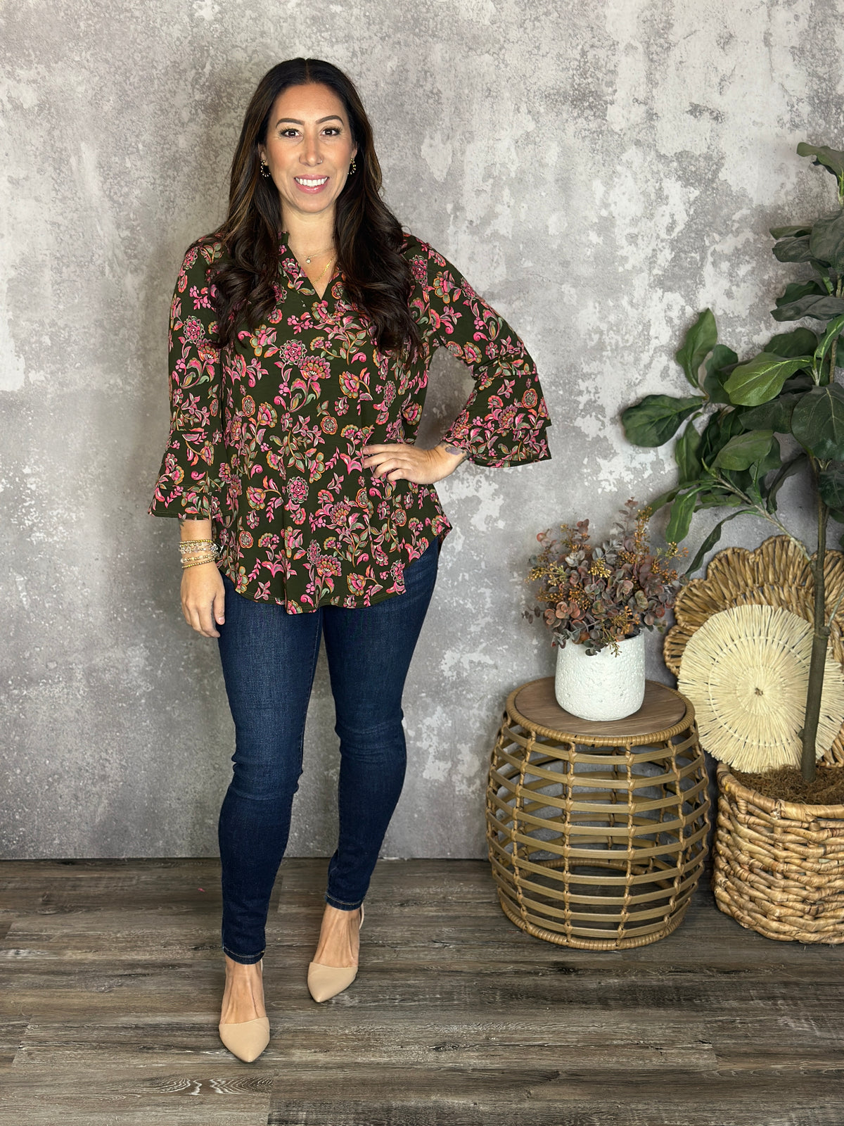 Wrinkle Free Bell Ruffle Lizzie Top - Olive Floral (Small - 3X)