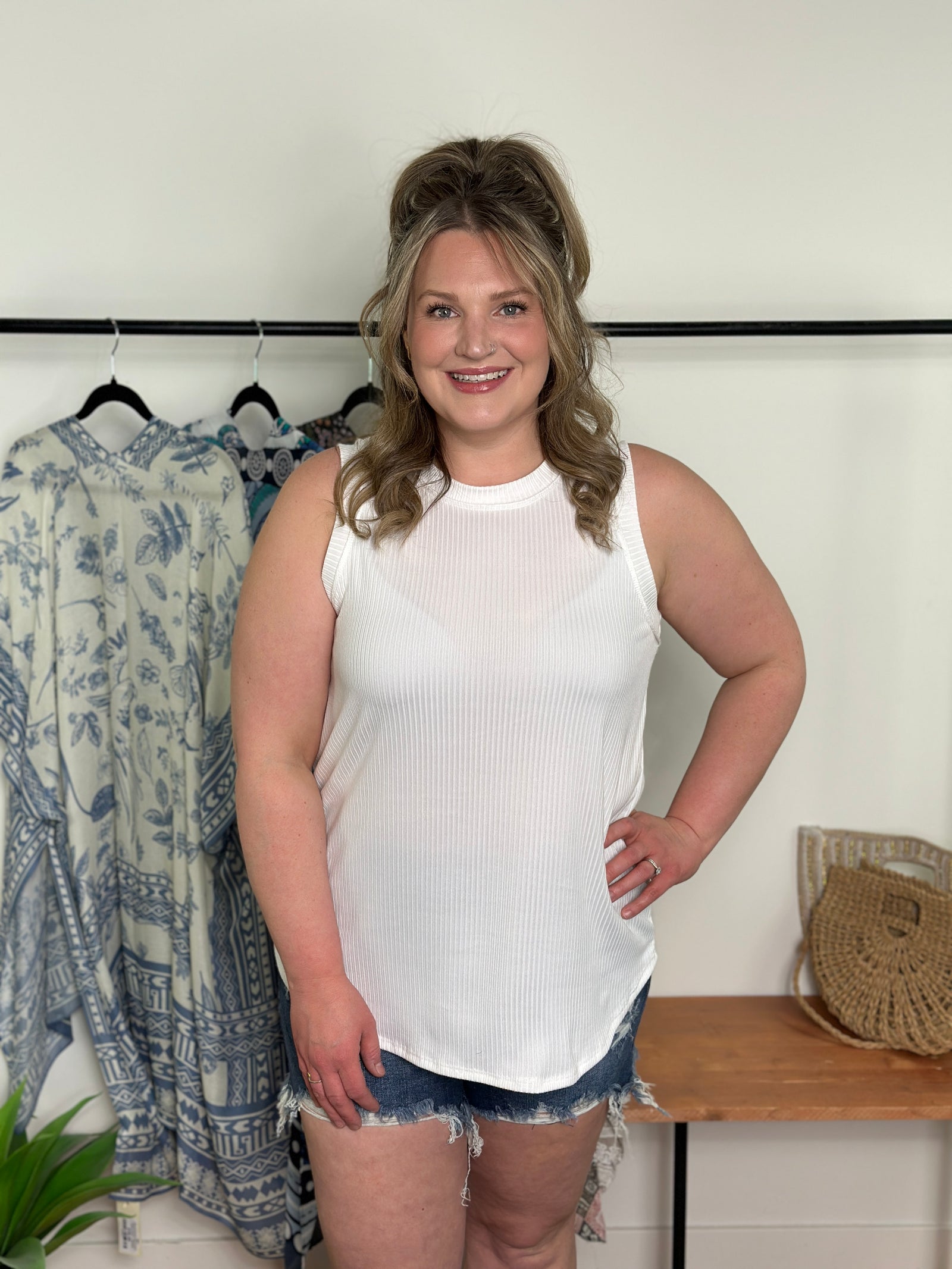 Roundneck Ribbed Tank- White (Small - 3X)