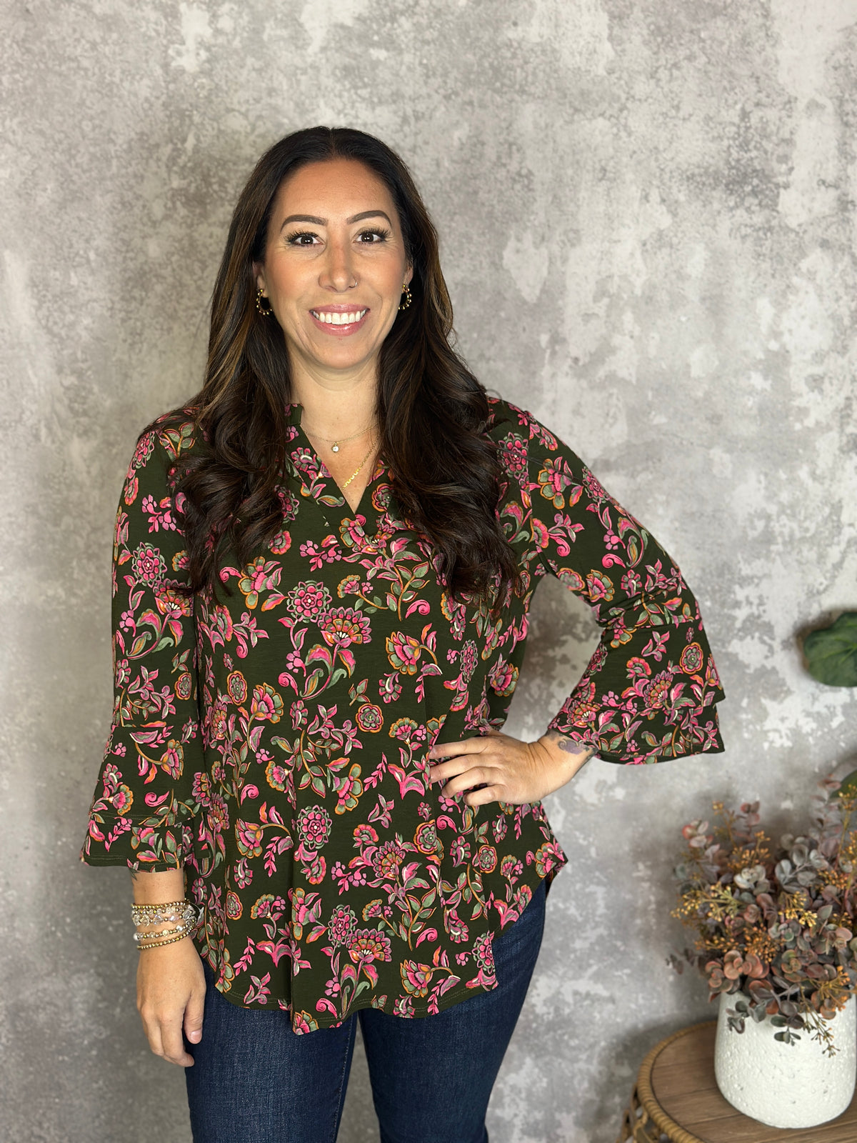 Wrinkle Free Bell Ruffle Lizzie Top - Olive Floral (Small - 3X)