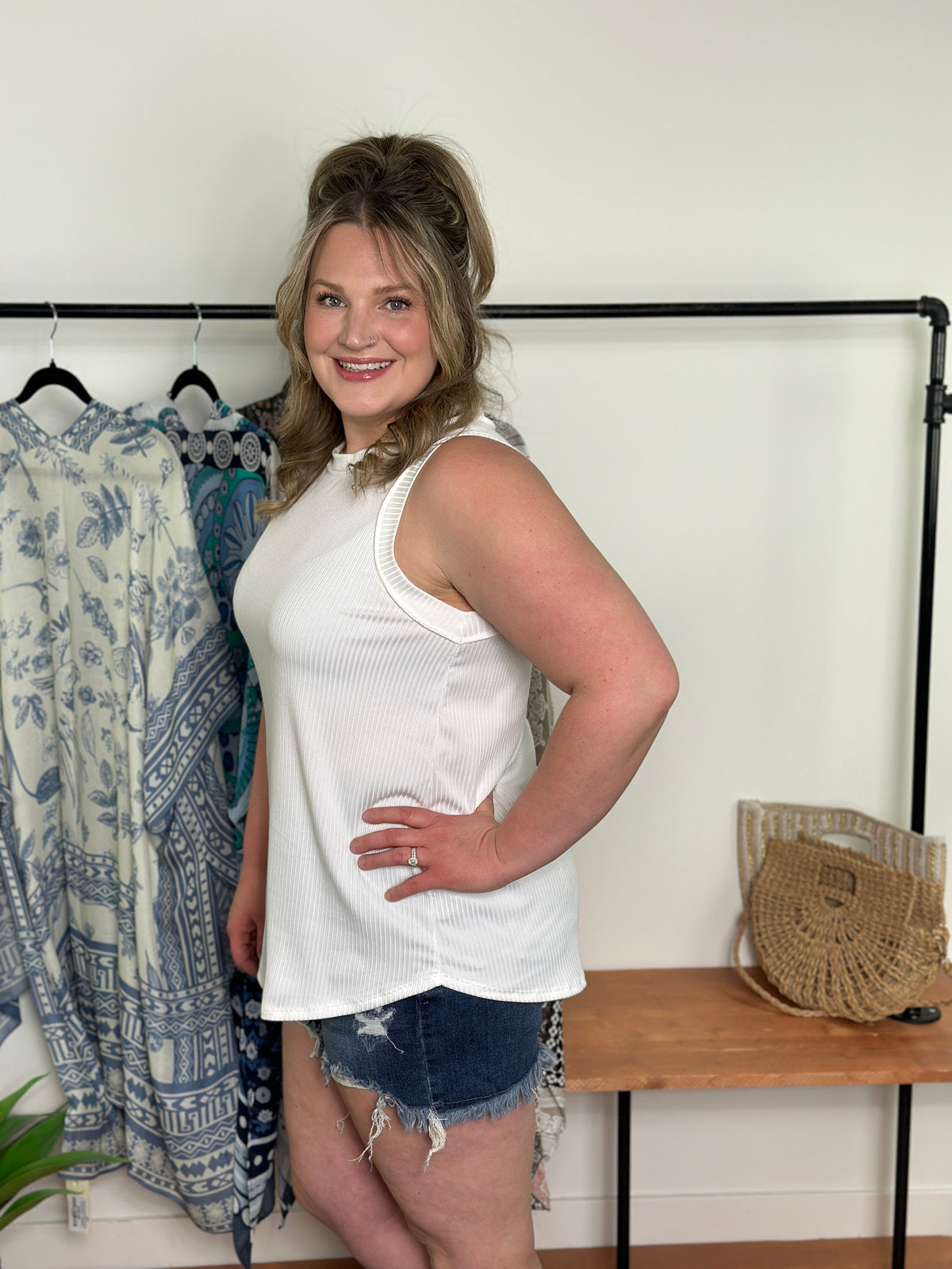 Roundneck Ribbed Tank- White (Small - 3X)