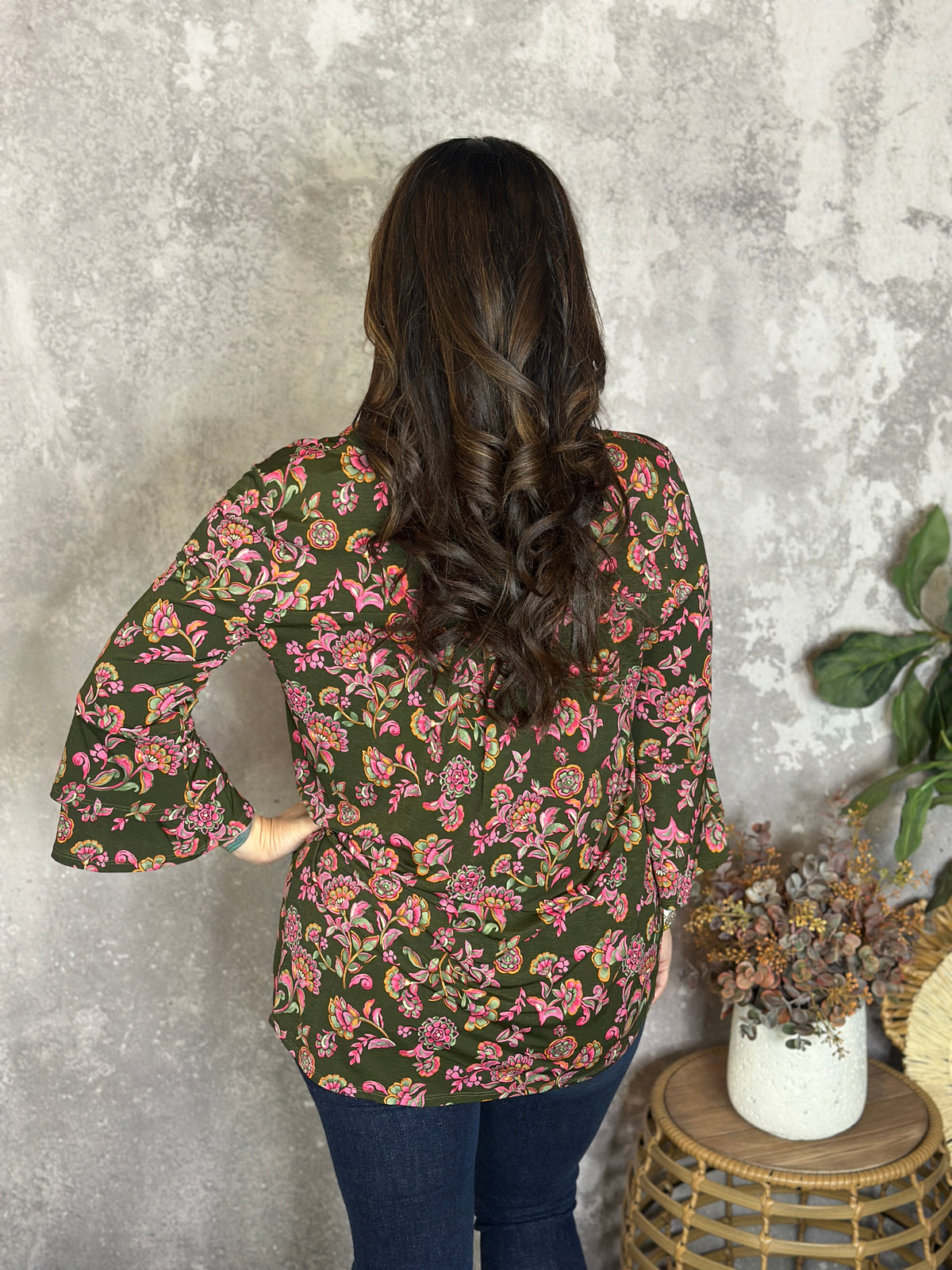 Wrinkle Free Bell Ruffle Lizzie Top - Olive Floral (Small - 3X)