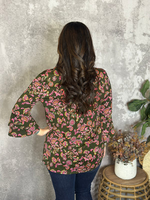 Wrinkle Free Bell Ruffle Lizzie Top - Olive Floral (Small - 3X)