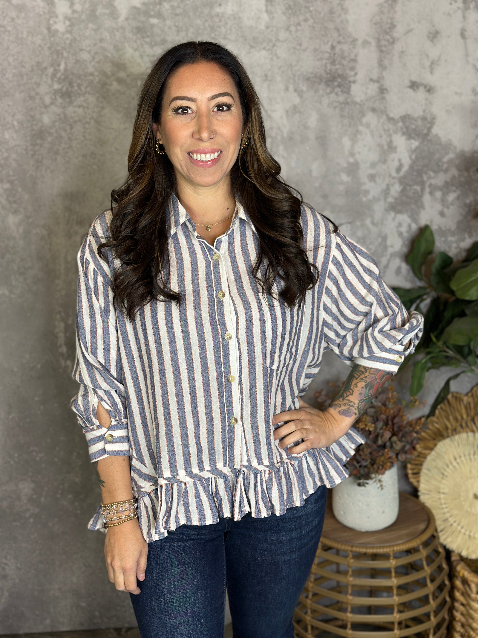 Stripe Bottom Ruffle Blouse