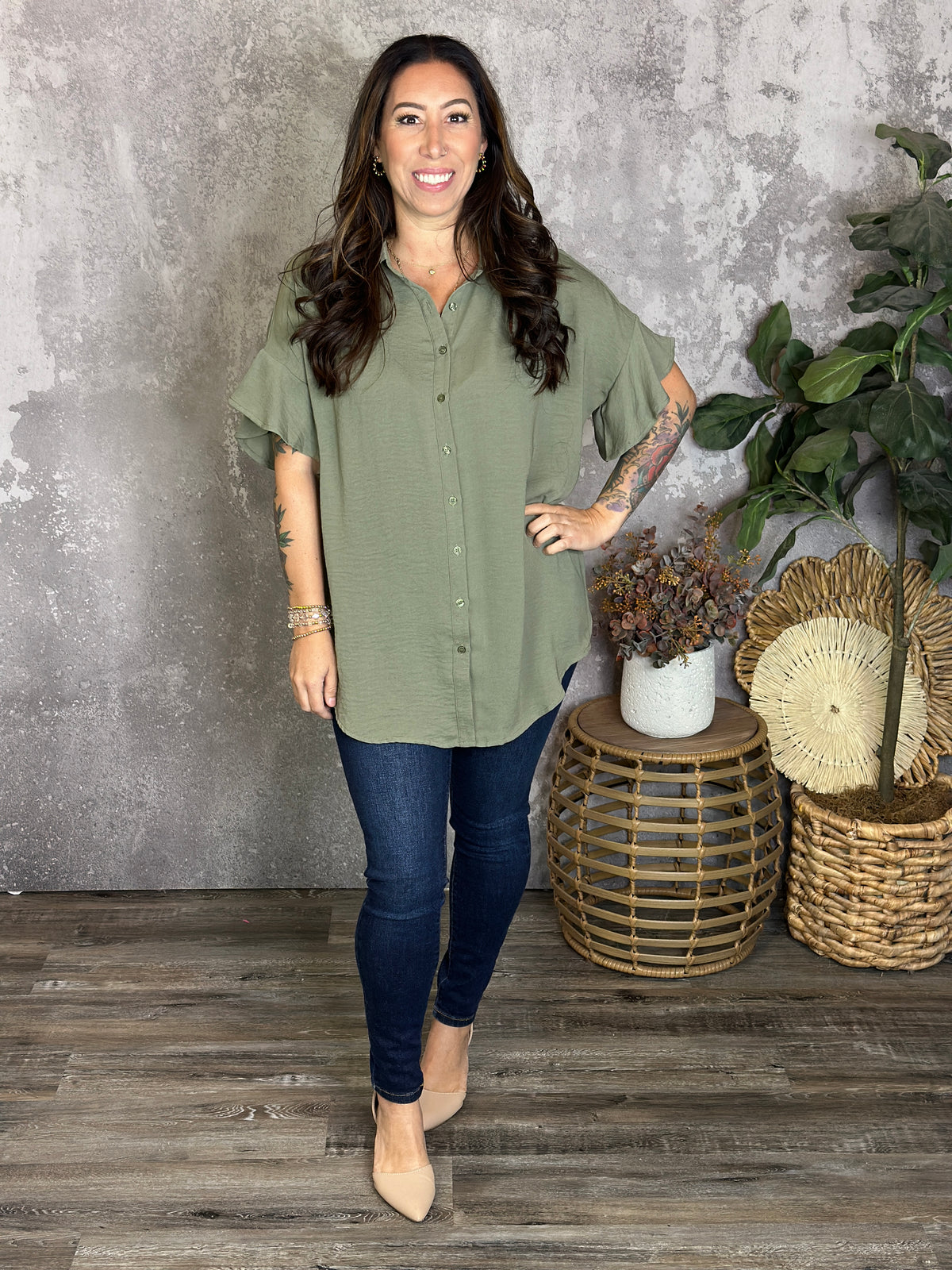 Ruffle Sleeve Button Up Blouse - Olive