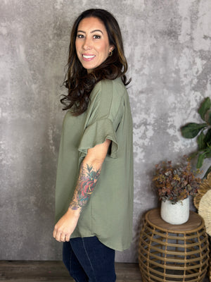 Ruffle Sleeve Button Up Blouse - Olive