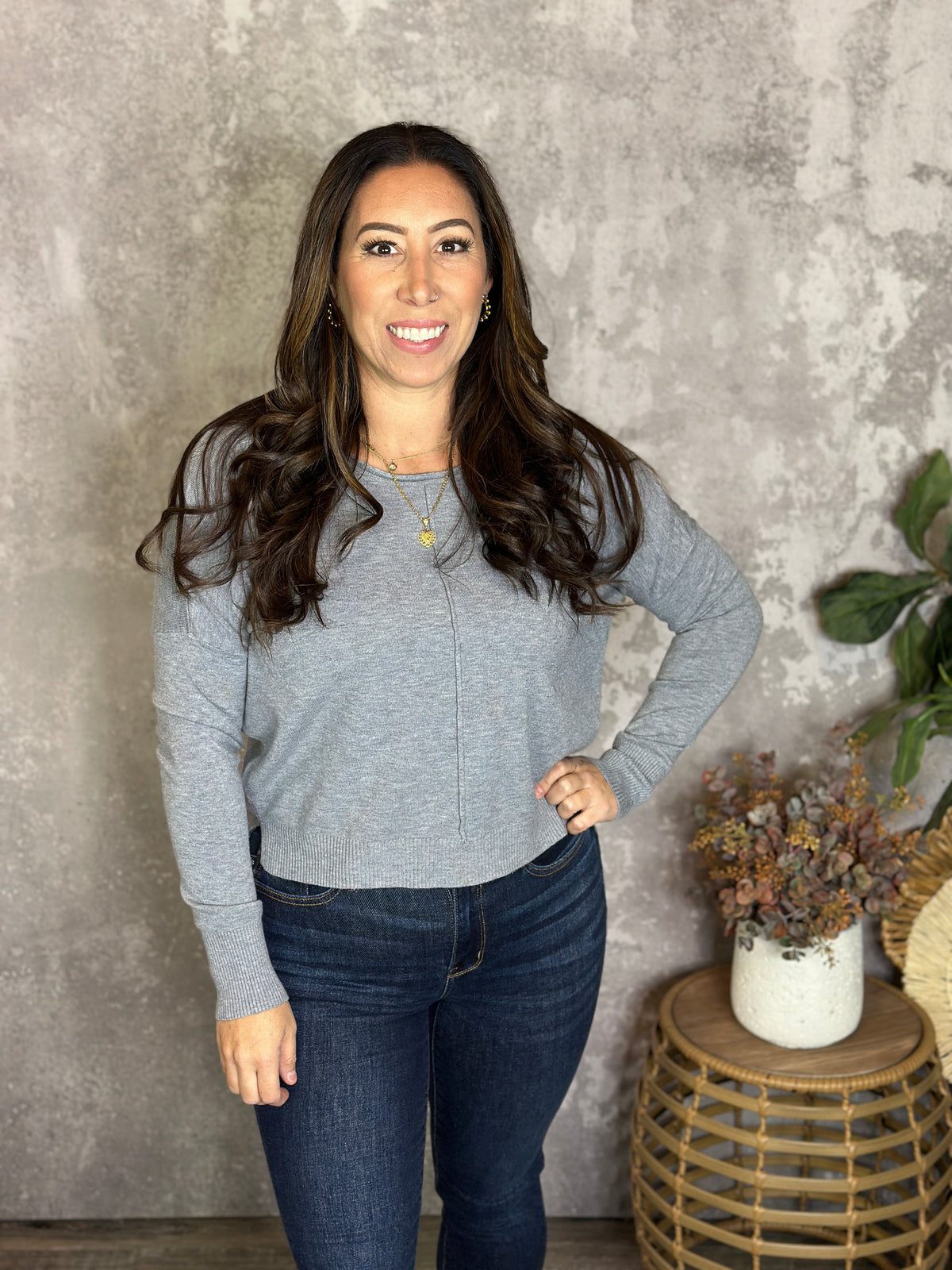 Roundneck Front Seam Stacey Sweater - Grey