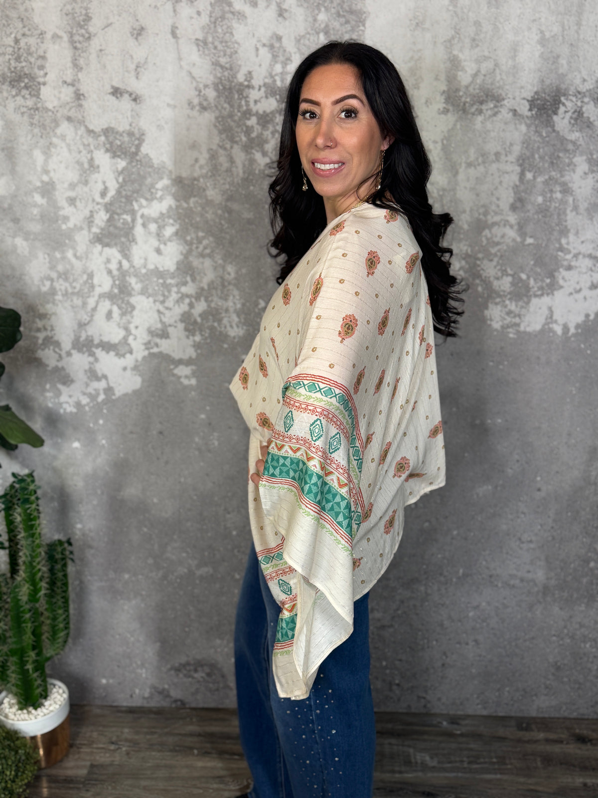 Natural Poncho Style Top with Gold Lurex