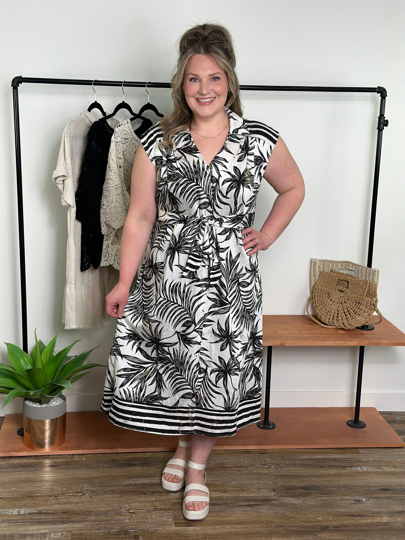 Black Palm with Gold Detail Dress (Small - 2X)