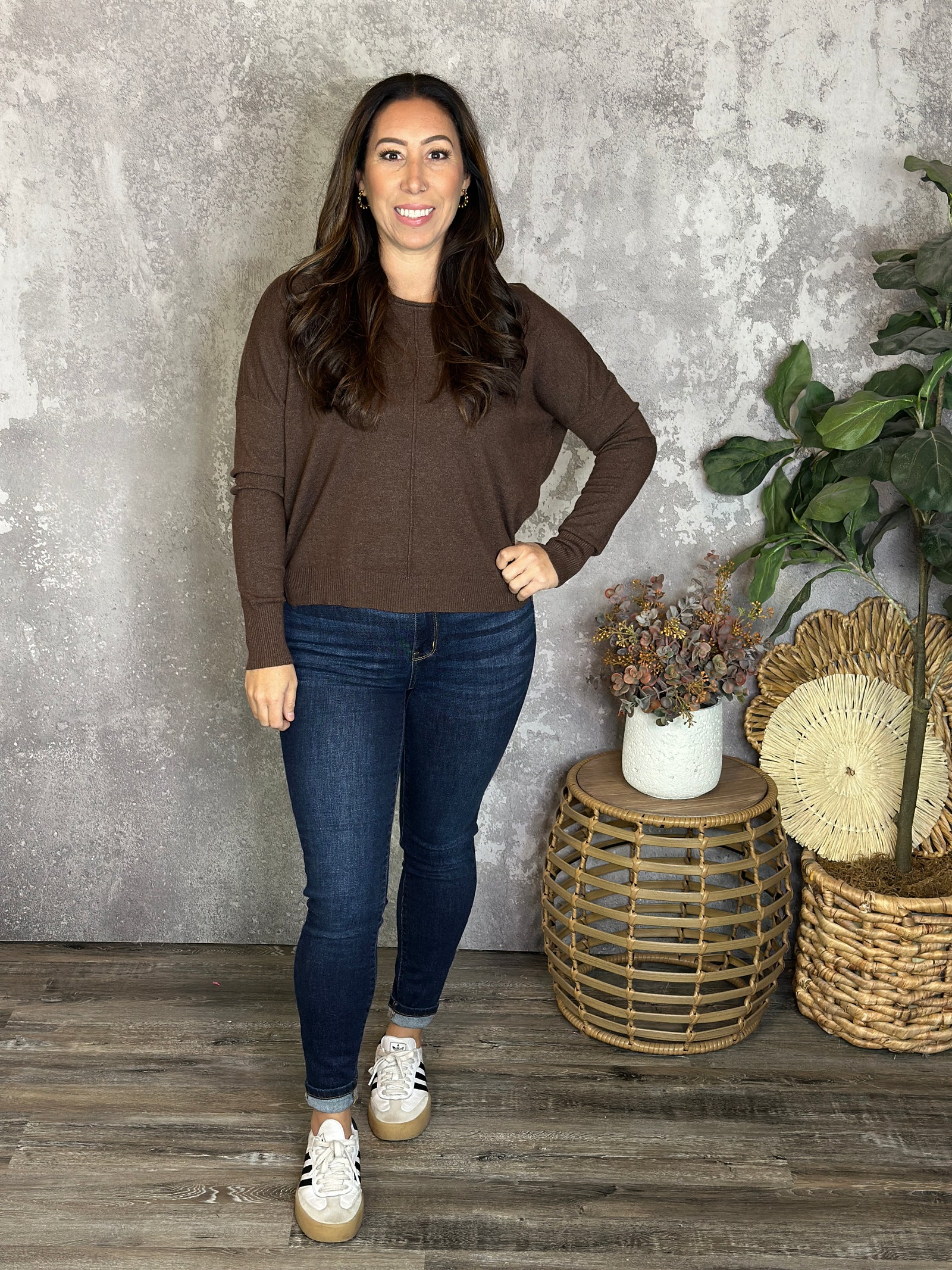 Roundneck Front Seam Stacey Sweater - Brown