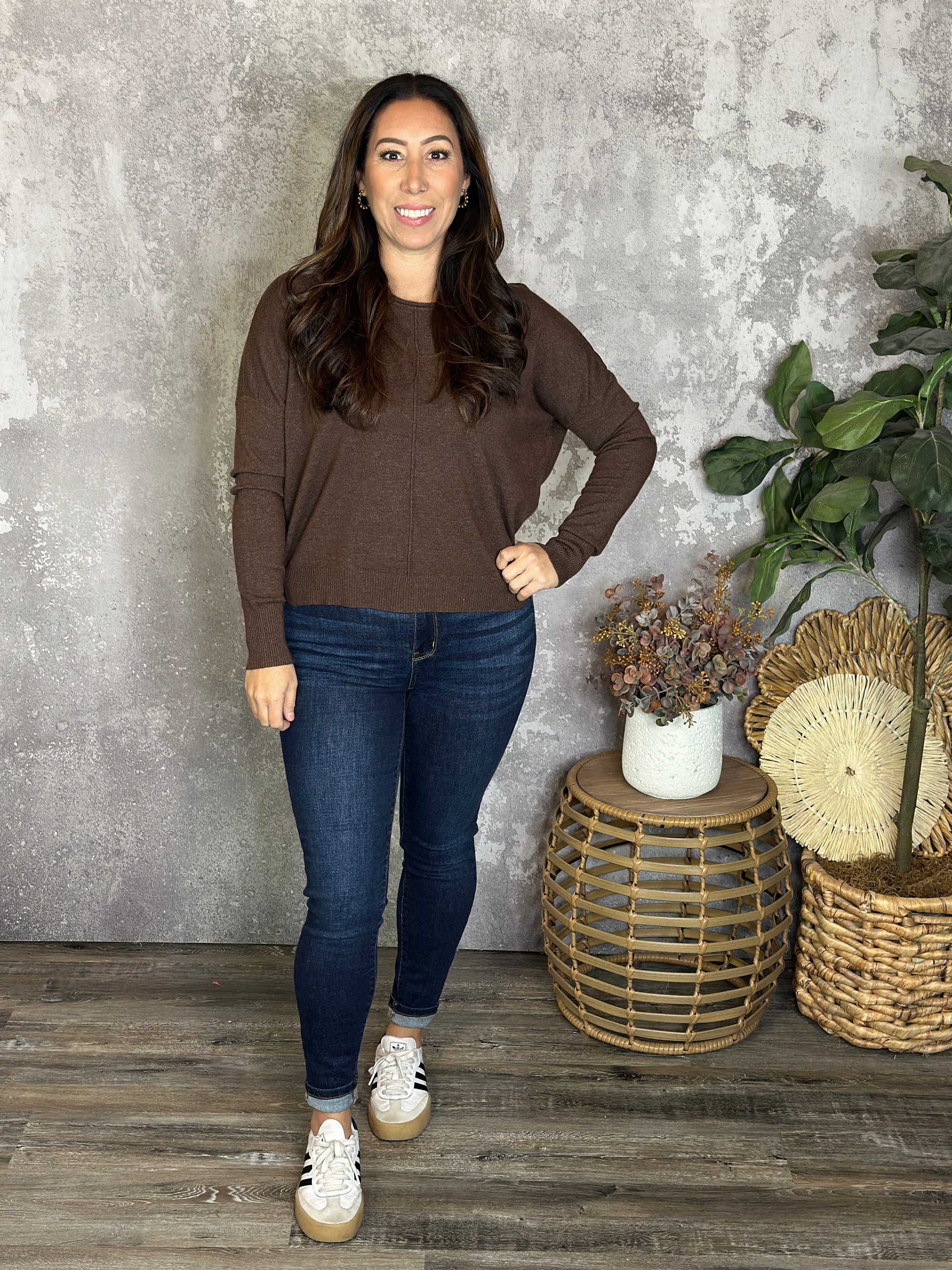 Roundneck Front Seam Stacey Sweater - Brown