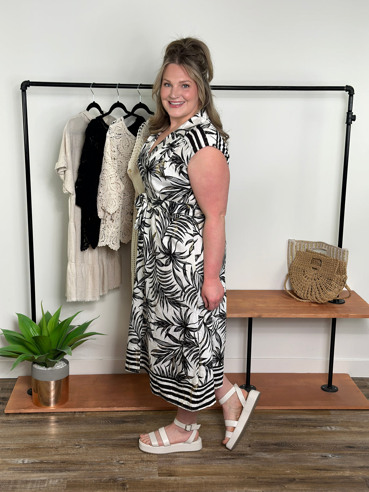 Black Palm with Gold Detail Dress (Small - 2X)