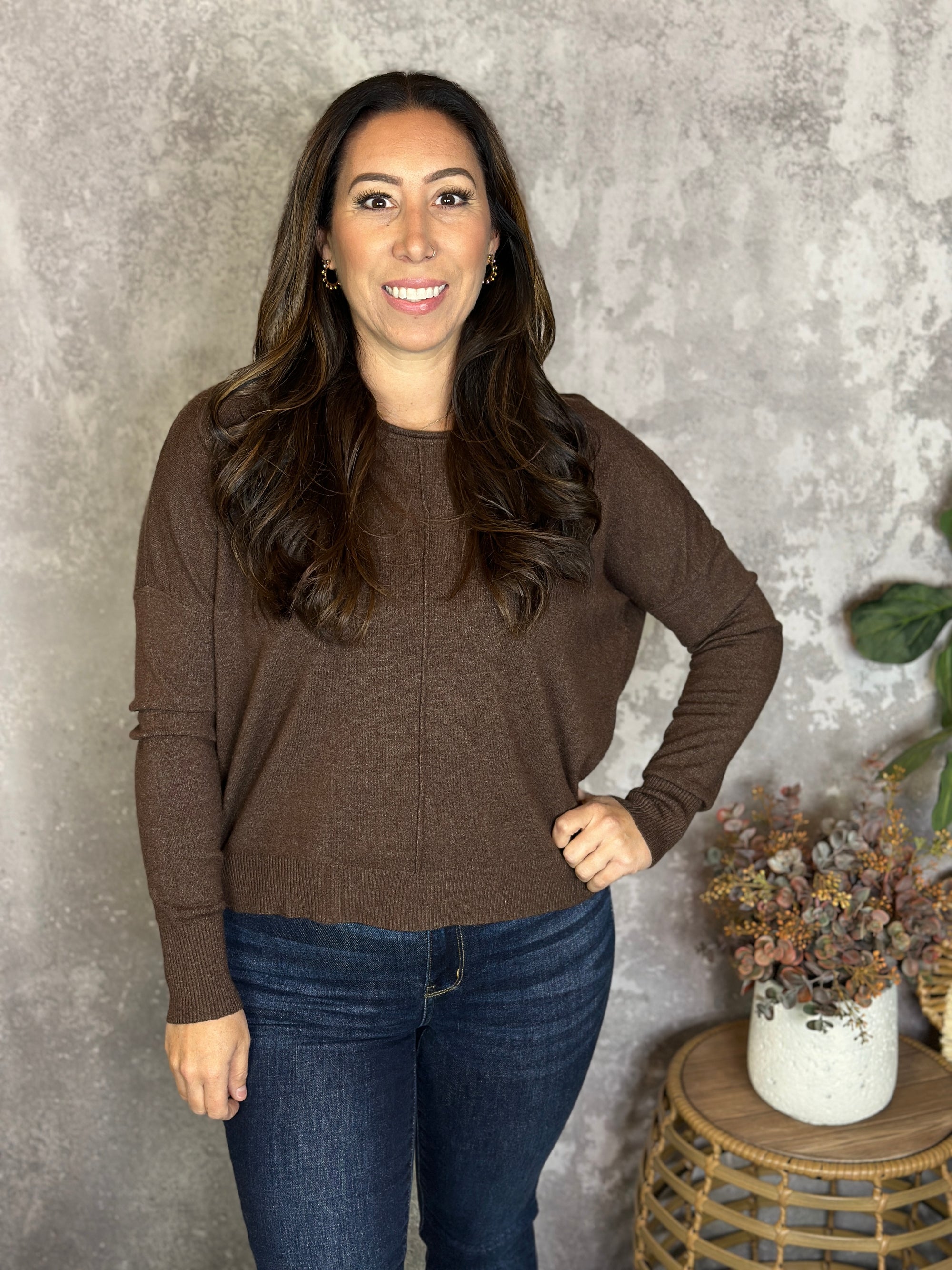 Roundneck Front Seam Stacey Sweater - Brown