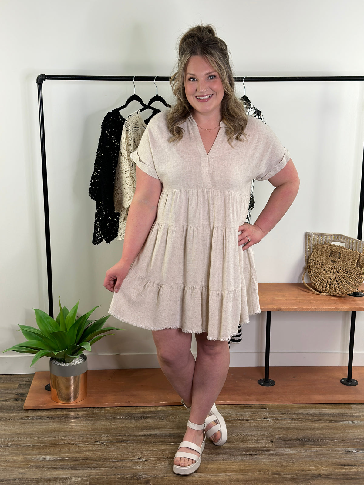 Collared Tiered Linen Dress (Small - 2X)